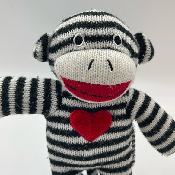 Dan Dee 8" Striped Black White Sock Monkey Plush Red Heart Collectors Choice - Picture 3 of 7
